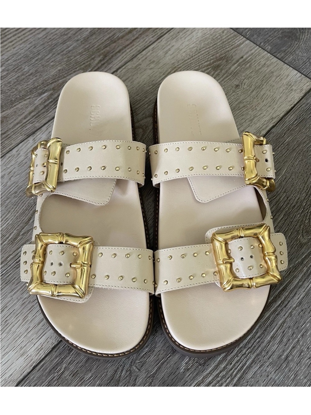 $148 Schutz Enola Gold Studded Bamboo Buckle Cream Leather Slide Sandals 10B